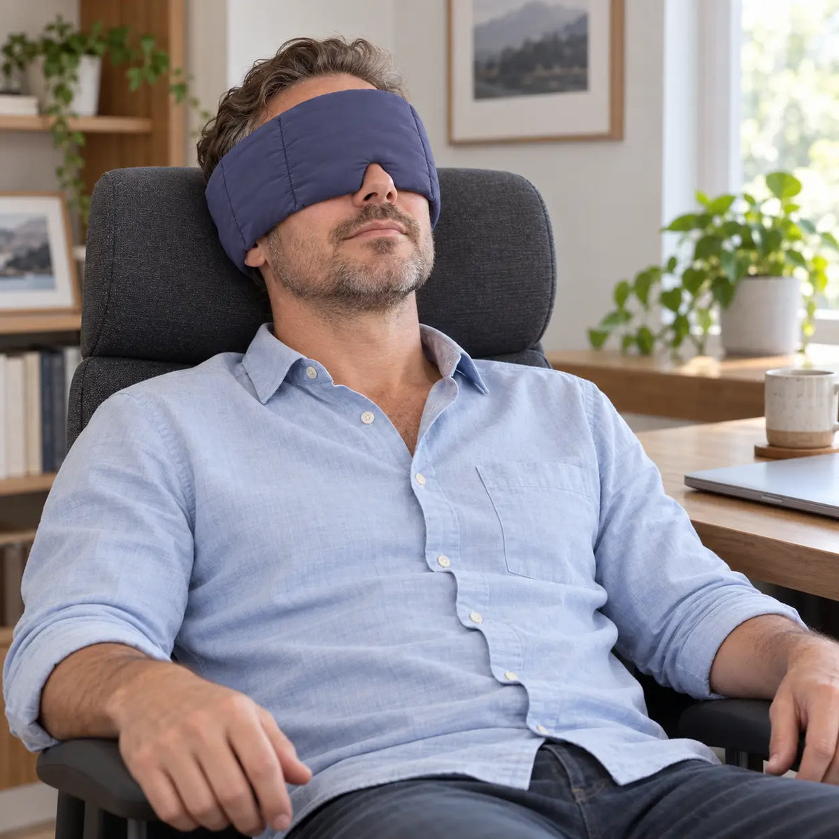Customer wearing a CalmHug sleep mask